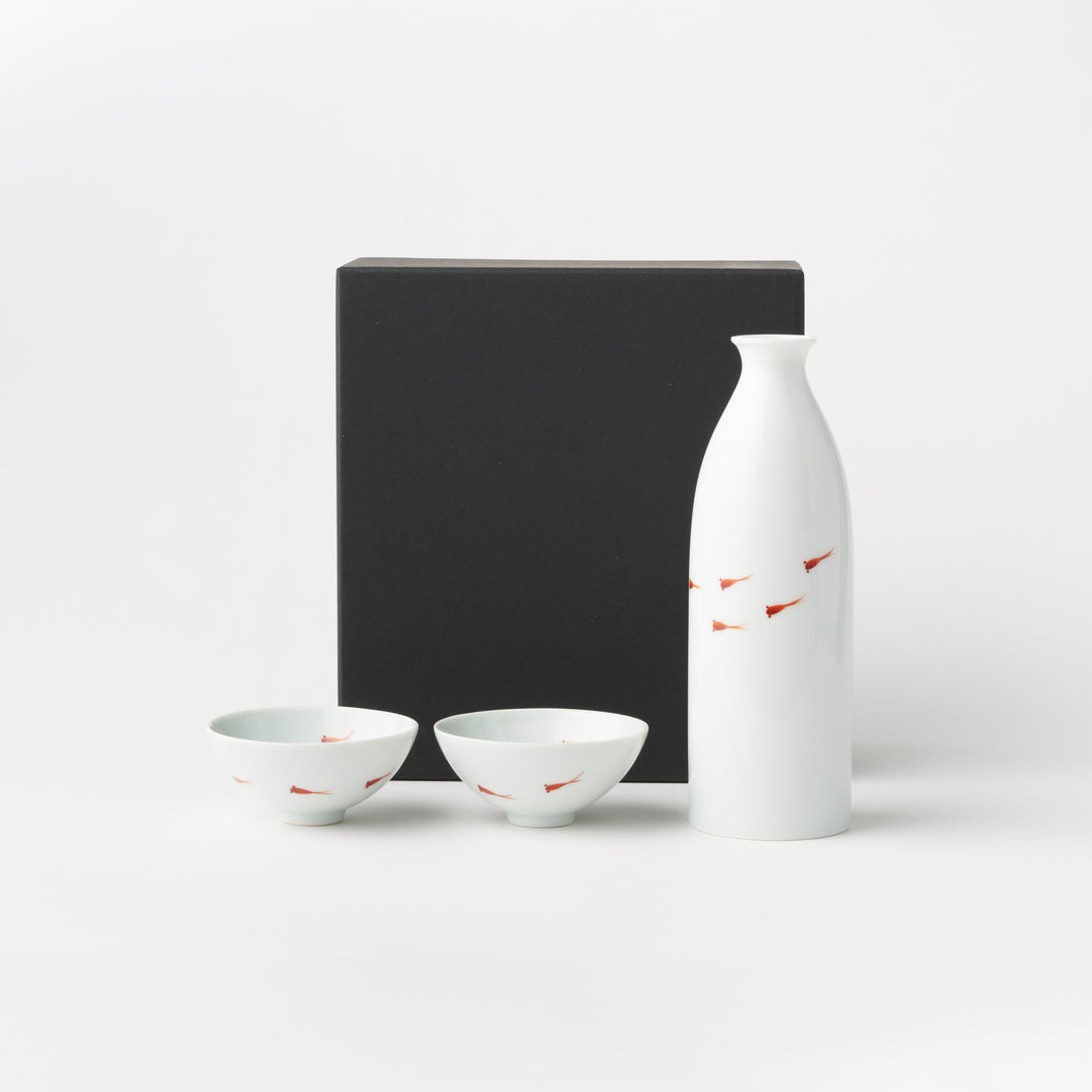 Edo Tokkuri &amp; Pair Sake Cups Set with Box / Red Killifish