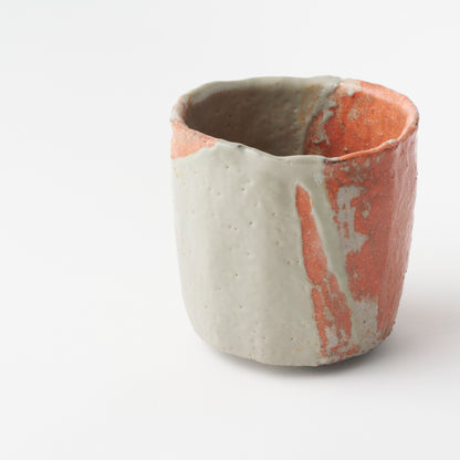 Katami-Gawari Tea Bowl (Celadon &amp; Red Raku) / Hideki Yanashita