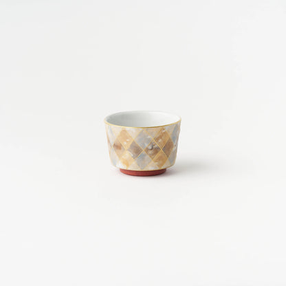 Sake Cup - Multicolored gold painting / Plaid/ Blue x Orange / Yukio Yosita and Mifuyu