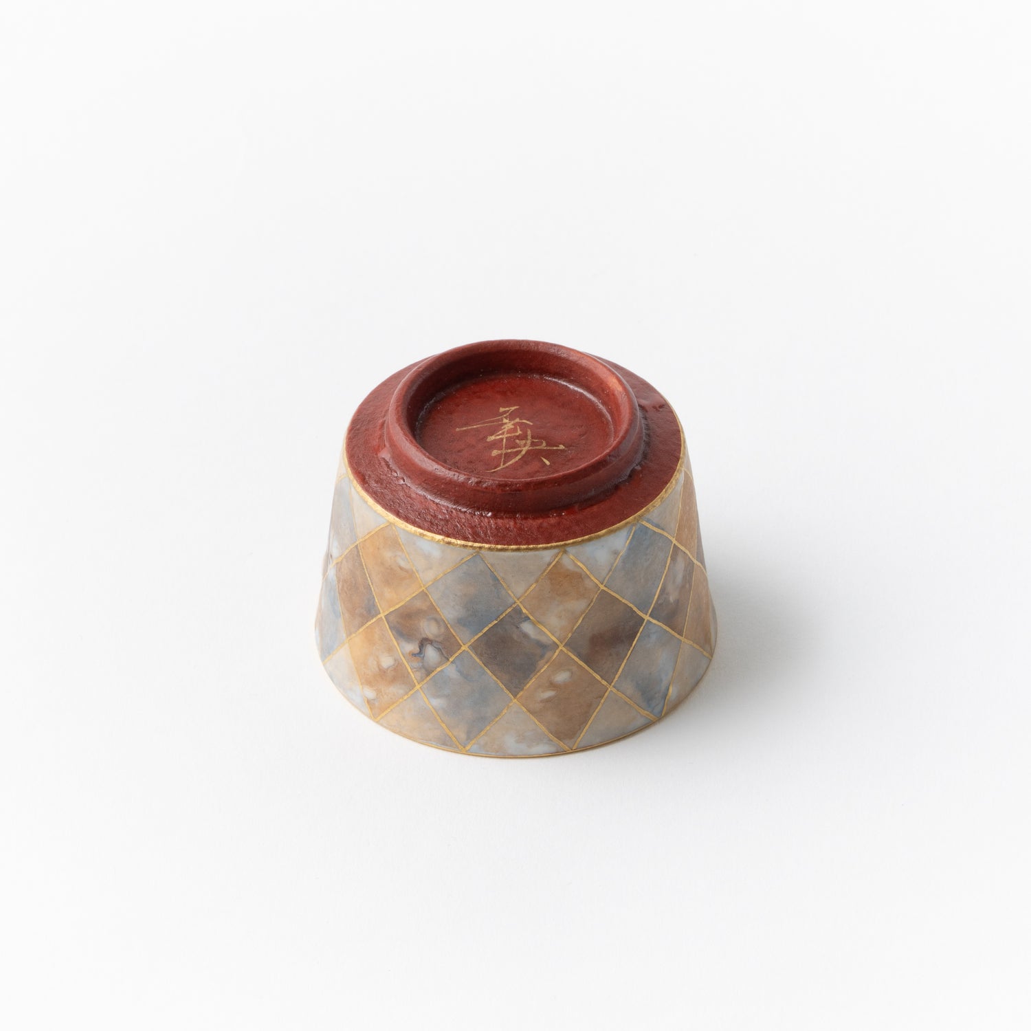 Sake Cup - Multicolored gold painting / Plaid/ Blue x Orange / Yukio Yosita and Mifuyu