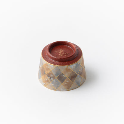 Sake Cup - Multicolored gold painting / Plaid/ Blue x Orange / Yukio Yosita and Mifuyu