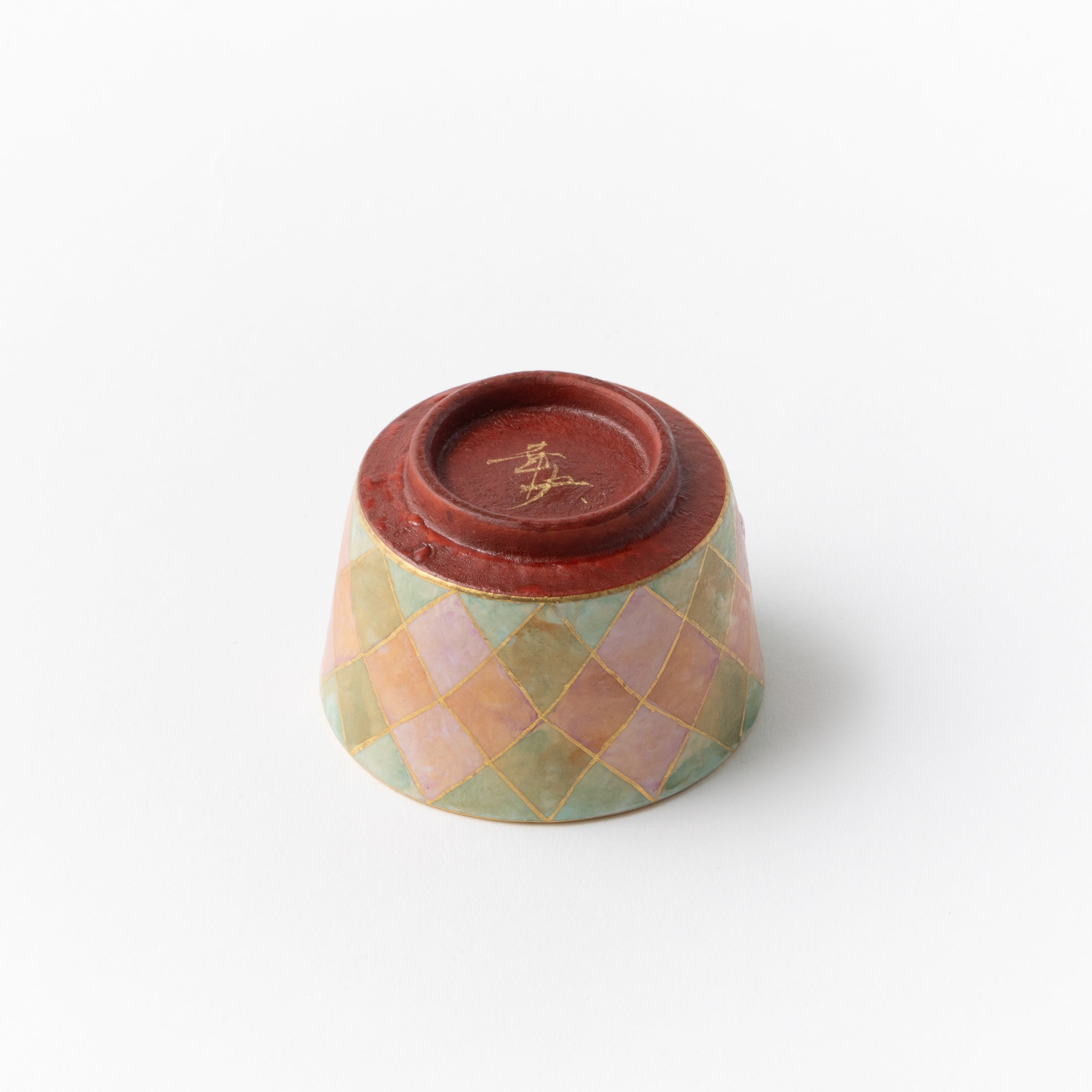 Sake Cup - Multicolored gold painting / Plaid / Pink x Green / Yukio Yosita and Mifuyu