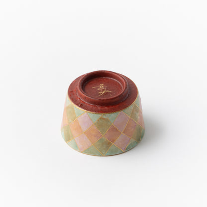 Sake Cup - Multicolored gold painting / Plaid / Pink x Green / Yukio Yosita and Mifuyu
